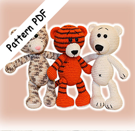 crochet cat, tiger and white bear